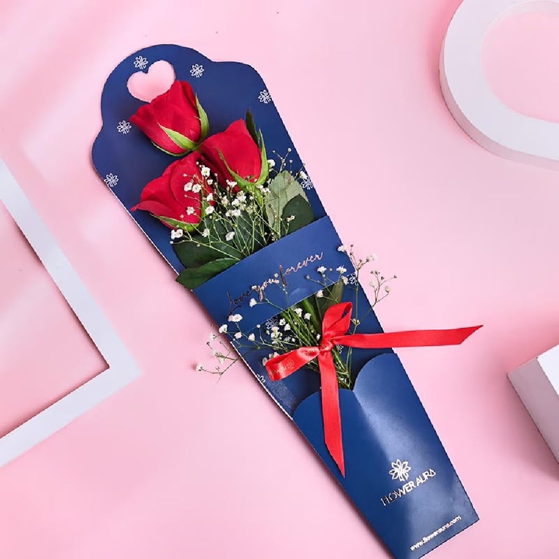 Floweraura FlowerAura Fresh Flower Bouquet of 3 Red Roses Flowers In Sleeve For Birthday Gift Anniversary Gift Wedding Gift Congratulations Gift Gift For Special Occasions Same Day Delivery  - Image 1