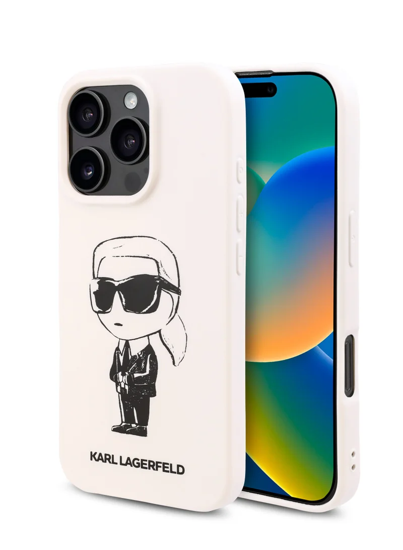 Karl Lagerfeld iPhone 16 Pro Max Case TPU Silicone Hard Cover with ikonik Graffiti Logo / Drop protection / Easy Snap-On Case / Lightweight Back Cover - White