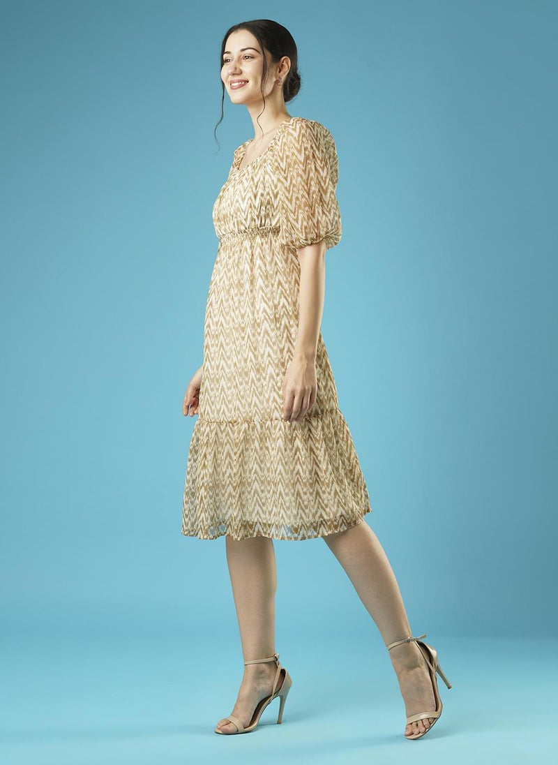 Globus Women's Dress Beige Casual with Square Neck and Puff Sleeves - Image 3