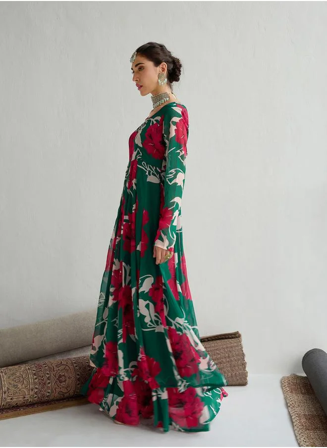 SASSAFRAS All-Over Floral Print Anarkali Maxi Kurta by Styli