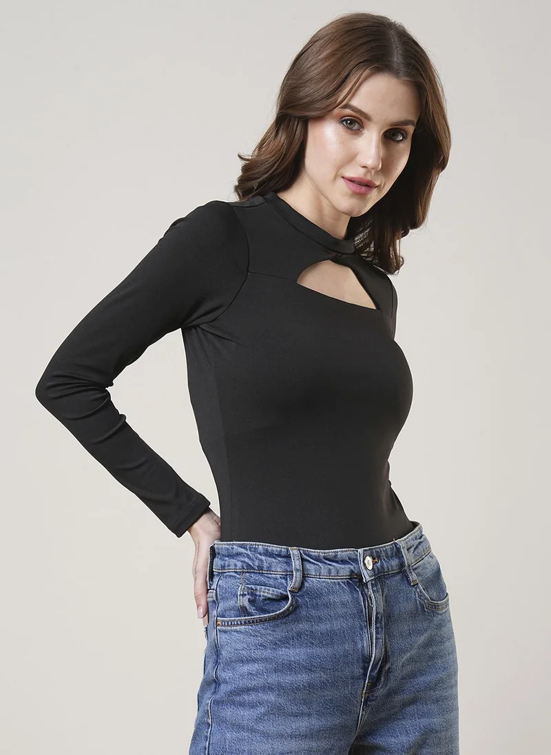 globus Globus Women Solid Twisted Keyhole Neck Long Sleeves Stretchable Bodysuit Top