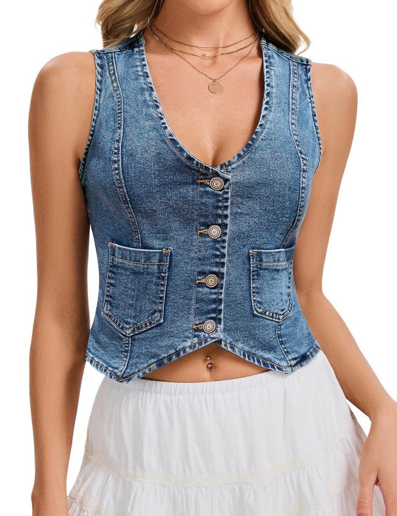 Genhoo Denim Vest Sleeveless Jean Vest Top for Women V Neck Button Down Cropped Denim Top with Pockets - Image 1