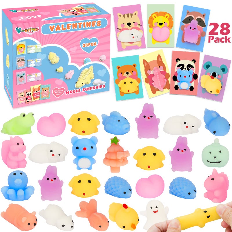 V-Opitos Valentines Cards for Kids Classroom 28 Packs Cute Mochi Squishies Toys with Cards Valentine Party Favors Toys for Boys Girls Kids Exchange Cards for School Classroom Ideal Valentine Gifts - Image 4