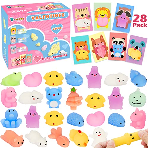 V-Opitos Valentines Cards for Kids Classroom 28 Packs Cute Mochi Squishies Toys with Cards Valentine Party Favors Toys for Boys Girls Kids Exchange Cards for School Classroom Ideal Valentine Gifts - Image 1