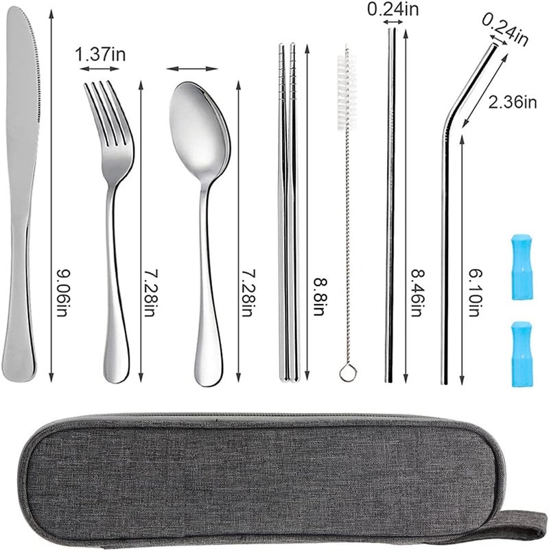 OASMU Travel Utensils Set with Case Reusable Portable Cutlery Set Stainless Steel 8pcs Including Dinner Knife Fork Spoon Chopsticks Straws(Silver) - Image 3