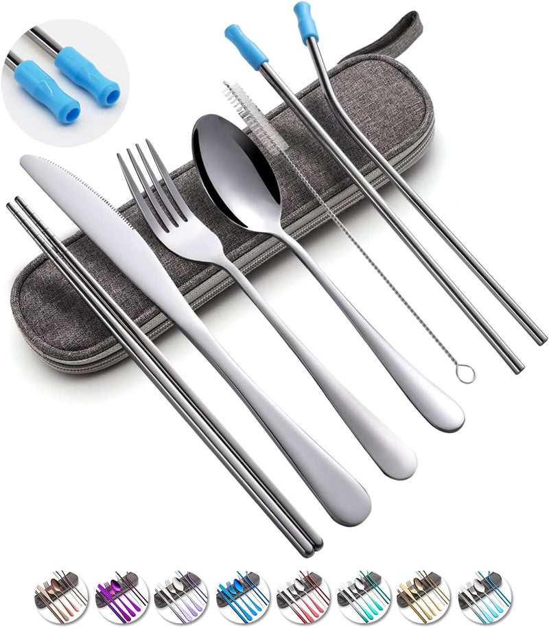OASMU Travel Utensils Set with Case Reusable Portable Cutlery Set Stainless Steel 8pcs Including Dinner Knife Fork Spoon Chopsticks Straws(Silver) - Image 1