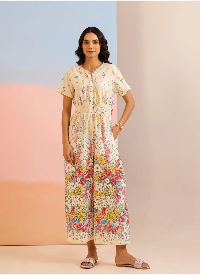 سانسكريتي هومز Sanskrutihomes Women Floral Printed Round Neck Straight Leg Jumpsuit