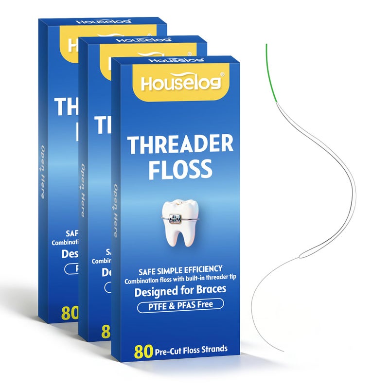 Houselog 3-in-1 Dental Floss with Threaders for Braces,Bridges,and Crowns - 240 Count Pre-Cut Strands - Spongy Floss Middle & Regular Tail for Orthodontic Oral Care - Image 1