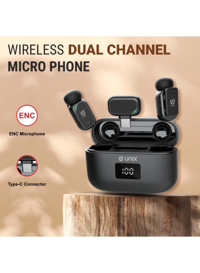 UNIX MC4 Wireless Lavalier Microphone – Dual Channel ENC Clip Mic with Charging Case, Plug & Play Type-C Receiver, 20m Range, Long Battery Life for YouTube, Vlogging, Interviews & Live Streaming - Image 2