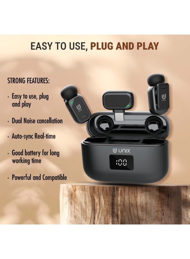UNIX MC4 Wireless Lavalier Microphone – Dual Channel ENC Clip Mic with Charging Case, Plug & Play Type-C Receiver, 20m Range, Long Battery Life for YouTube, Vlogging, Interviews & Live Streaming - Image 5