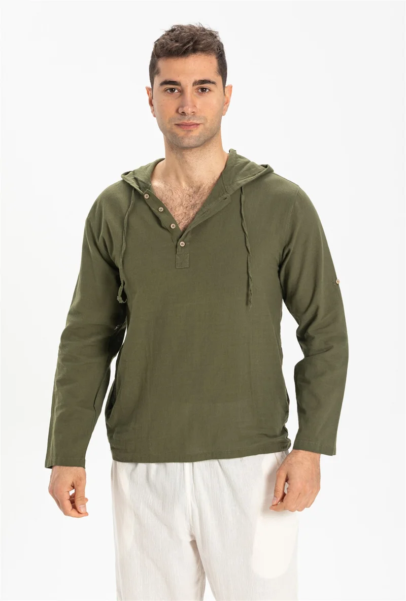 اليش شيل بيزي Şile Bezi Çift Cepli Kapüşonlu Erkek Sweatshirt Haki Hk