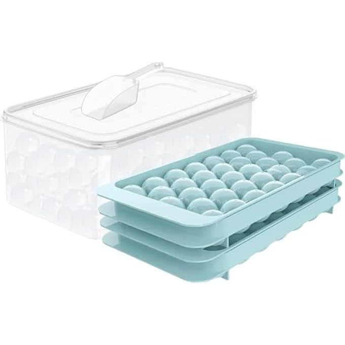 Ice Tray for Refrigerator with Cover and Box, 1 Inch X 66 Round Ice Mold with Container, Small Round Ice Tray for Making Spherical Ice Cocktail Tea and Coffee, 2 Trays, 1 Ice Bucket and 1 Spoon - Image 2