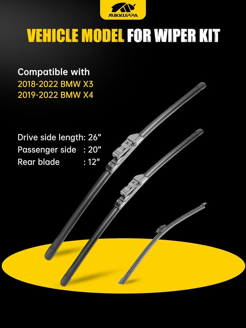 MIKKUPPA 26"+20"+12" Windshield Wipers Blades Replacement for 2018-2022 BMW X3, 2019-2022 X4, Top Lock Front & Rear All Season Wiper Blades Set(Pack of 3) - Image 2