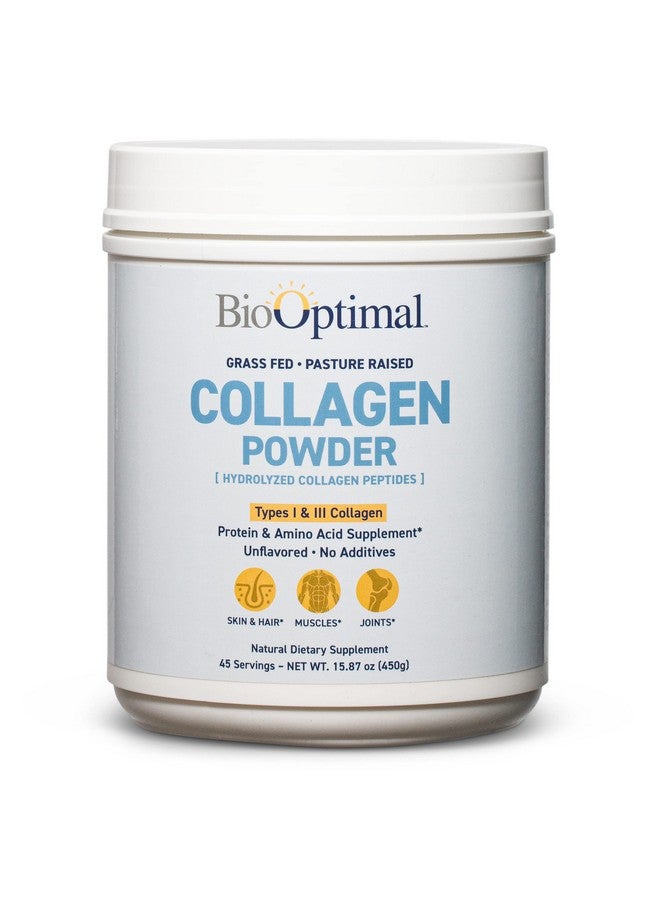 BioOptimal Grass Fed Collagen Powder Unflavored & Water Soluble Hydrolyzed Collagen Peptides 15.87 Ounces (450 Grams) - Image 1