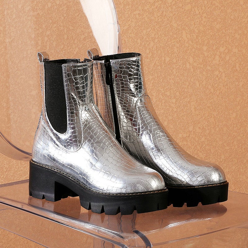 British Style Martins Women'S Boots Round Toe Thick Heel High Heel Retro Short Boots Chelsea Women'S Boots - Image 2