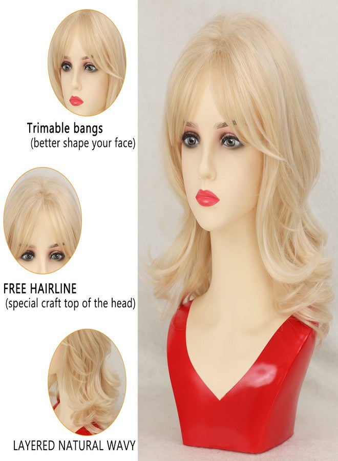 TISHINING Short Blonde Wavy Wigs for White Women Mixed Blonde Layered Wig with Bangs Natural Wavy Synthetic Hair Replacement wig - Image 4