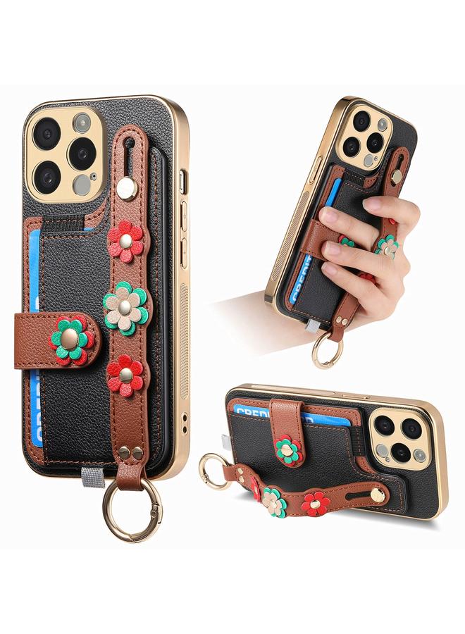 زبون جراب لهاتف iPhone 13 Pro Max مع سوار معصم وحقيبة بطاقات وحافظة هاتف مجسمة الزهور - Image 1