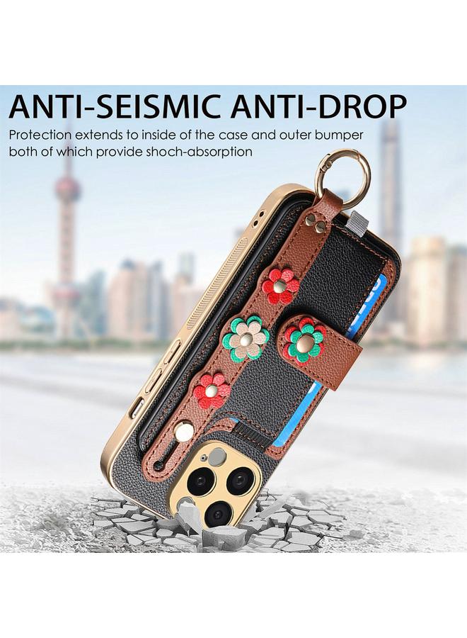 زبون جراب لهاتف iPhone 13 Pro Max مع سوار معصم وحقيبة بطاقات وحافظة هاتف مجسمة الزهور - Image 4