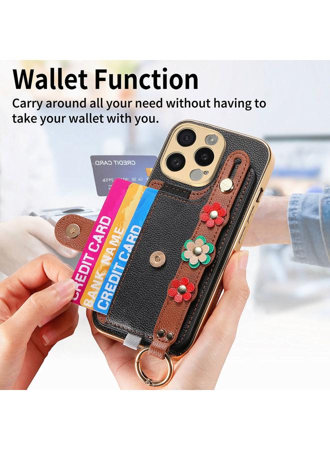 زبون جراب لهاتف iPhone 13 Pro Max مع سوار معصم وحقيبة بطاقات وحافظة هاتف مجسمة الزهور - Image 5