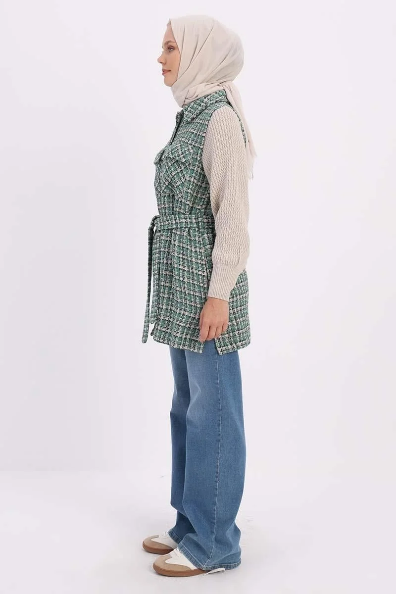 Allday Green-Knitted Garnished Belted Tweed Cardigan