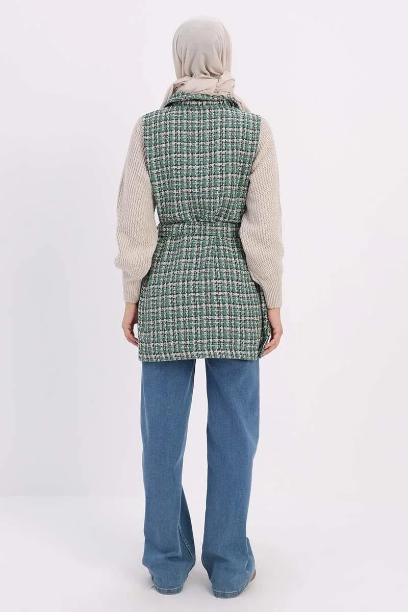 Allday Green-Knitted Garnished Belted Tweed Cardigan