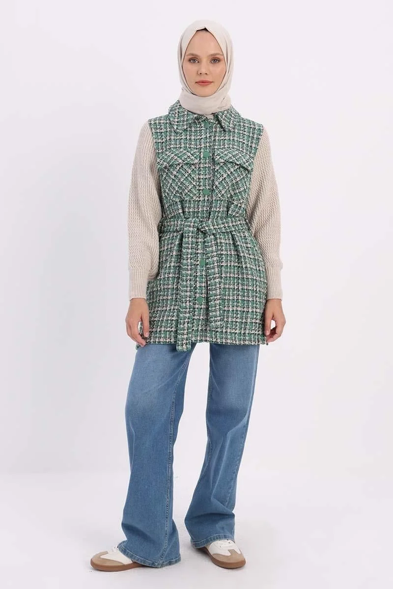 Allday Green-Knitted Garnished Belted Tweed Cardigan