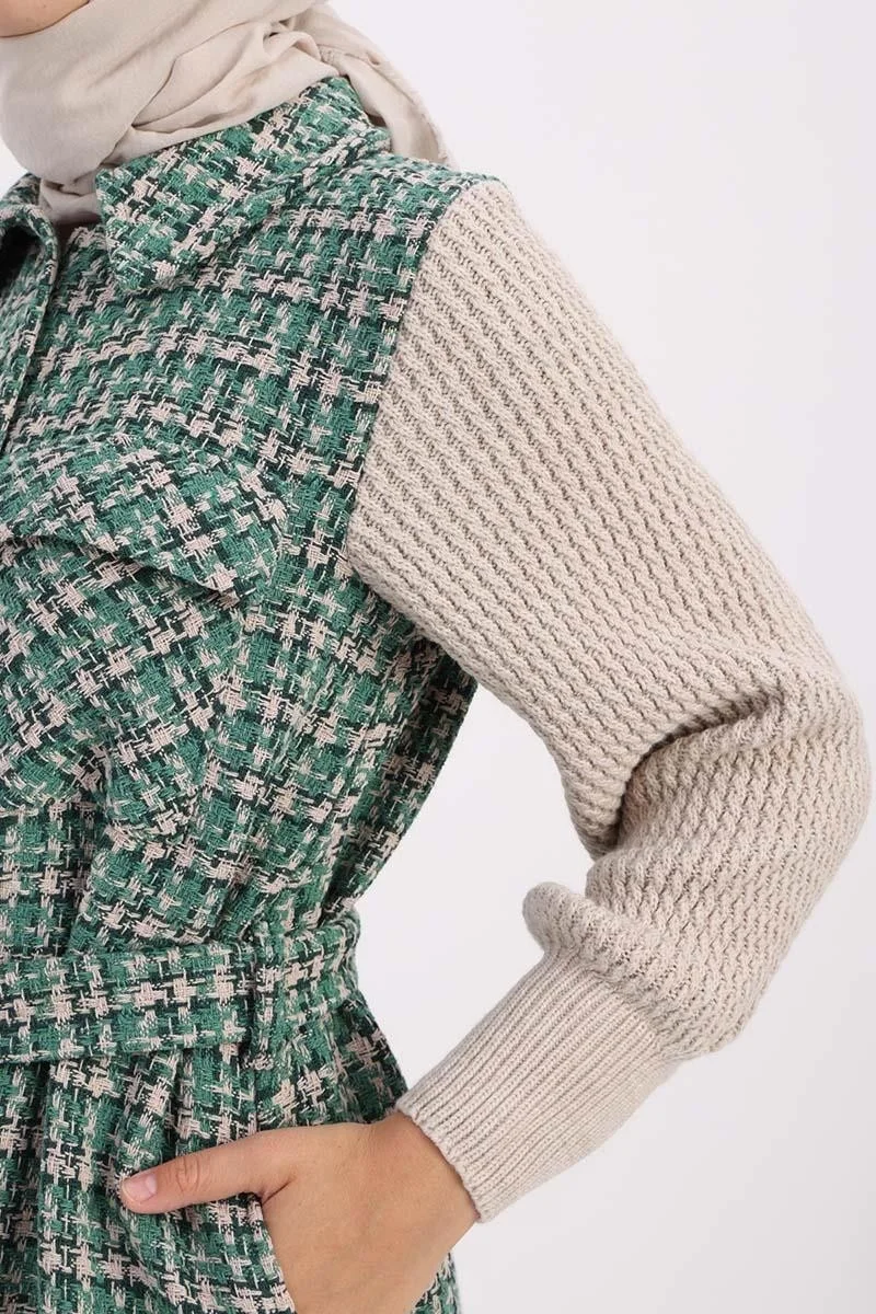 Allday Green-Knitted Garnished Belted Tweed Cardigan