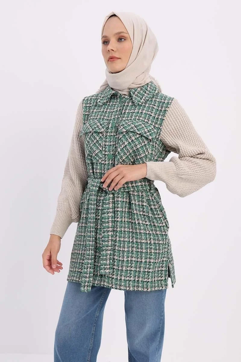 Allday Green-Knitted Garnished Belted Tweed Cardigan