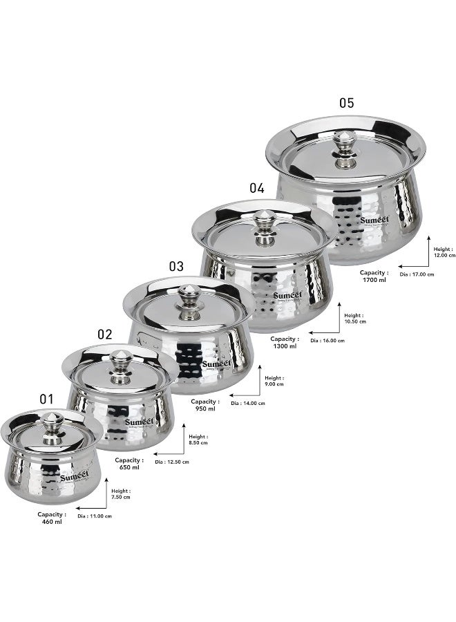 سوميت طقم أواني طهي من الفولاذ المقاوم للصدأ بتصميم مطروق يدويًا مع غطاء للمطبخ، طقم من 5 قطع، 460 مل، 650 مل، 950 مل، 1300 مل و1700 مل، فضي - Image 4