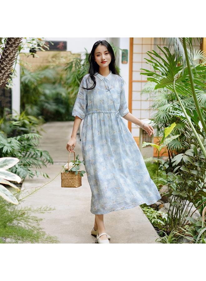 New Chinese Cotton Linen Women's New Short Sleeve Ramie Floral Dress Summer Design Retro Waisted Dress