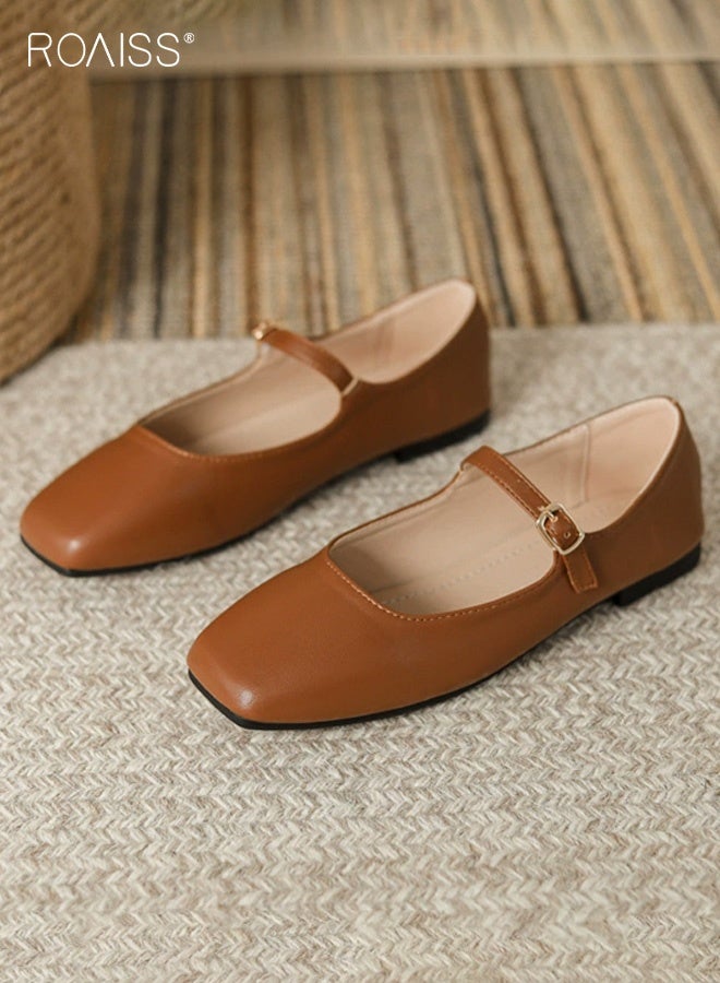 roaiss Women's Mary Jane Flats Buttery Leather Square Toe Single Buckle Strap Low Cut Comfort Sole Retro Chic Shoes Ladies Versatile Flats Bright - Image 1
