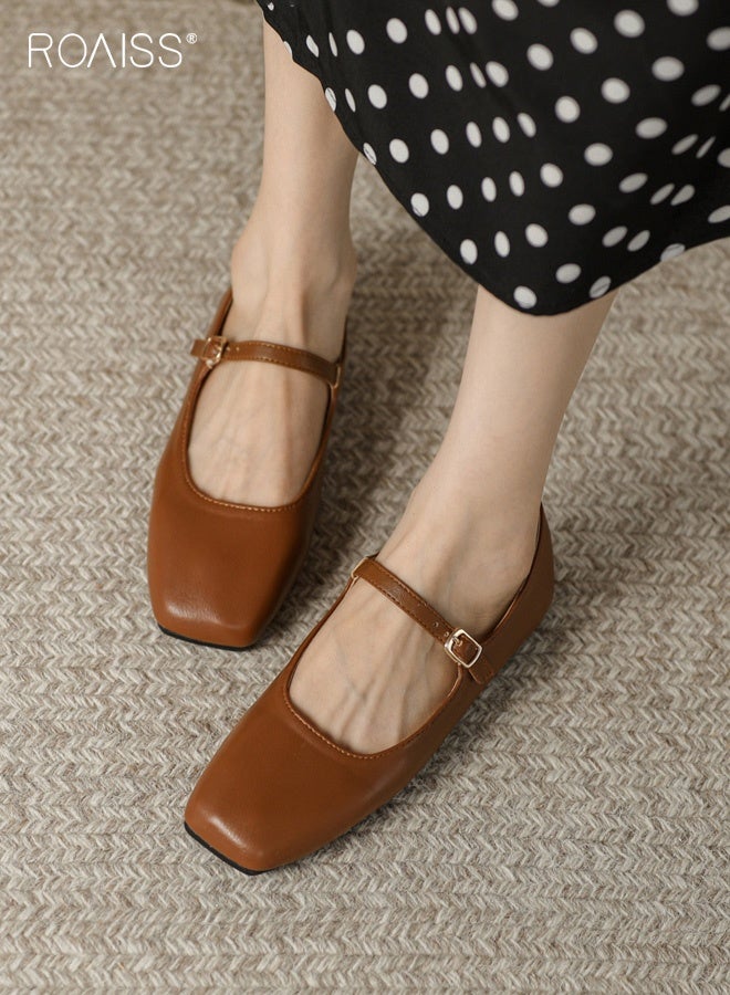 roaiss Women's Mary Jane Flats Buttery Leather Square Toe Single Buckle Strap Low Cut Comfort Sole Retro Chic Shoes Ladies Versatile Flats Bright - Image 3