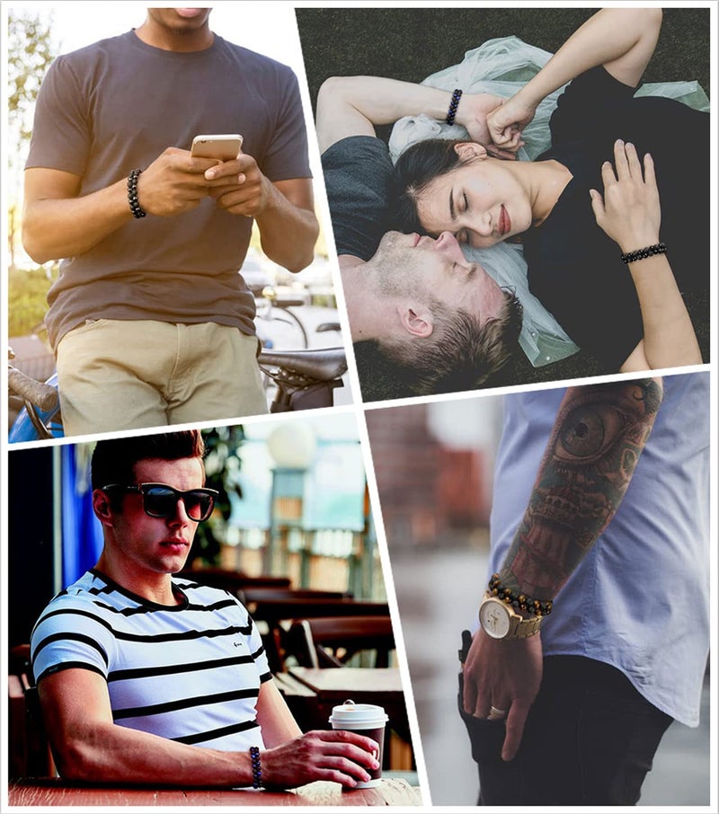 جوفيفي أساور من 4 قطع من خرز الهيماتيت وأحجار العقيق الأسود وحجر اللافا وعين النمر للرجال بطبقتين لتخفيف التوتر وموزع الزيوت العطرية وسوار لافا قابل للتعديل - Image 5