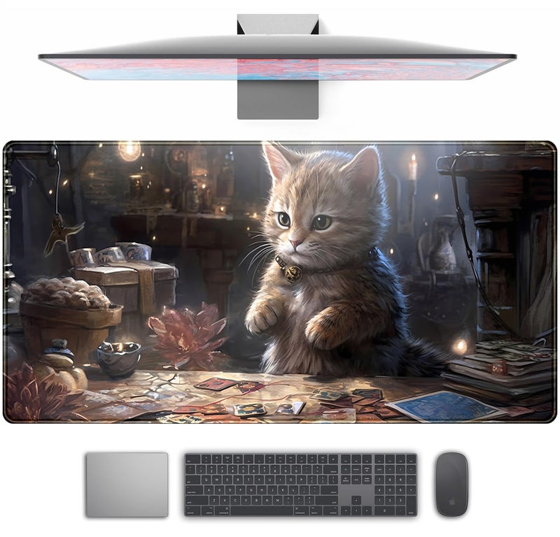 TENG DA QING Lotus Cat XL Extended Large Gaming Mouse Pad - Black Magic Mystical Zone Gaming Desk Mat - Computer Laptop Keyboard and Mouse Mat Desktop Protector - 31.5 x 15.8 in - Image 1