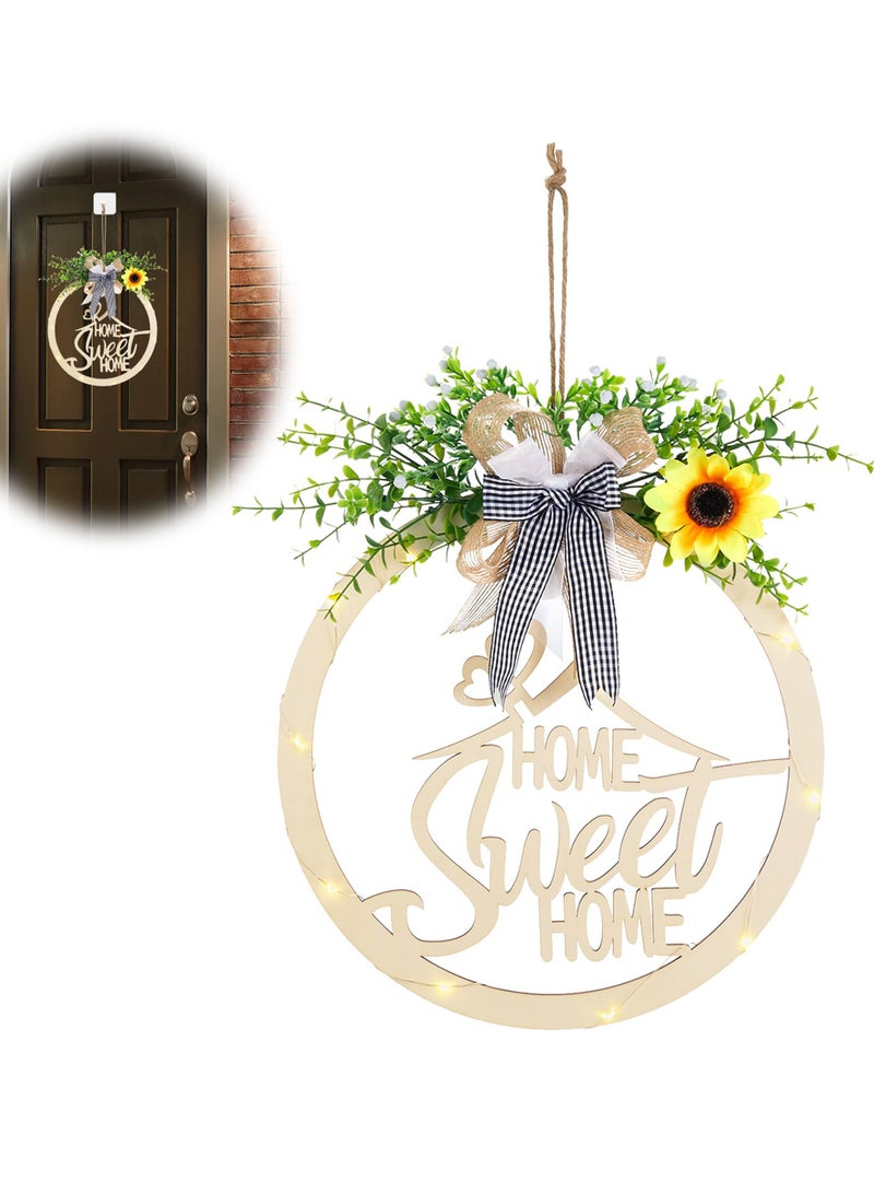 SOLARAE Front Welcome Sign, Sweet Home House Decoration Hanging Sign Wreath Hanging Sign Sunflower Wreath with LED Light Farmhouse Porch Front Porch Hanging Decoration (30 cm) - Image 1
