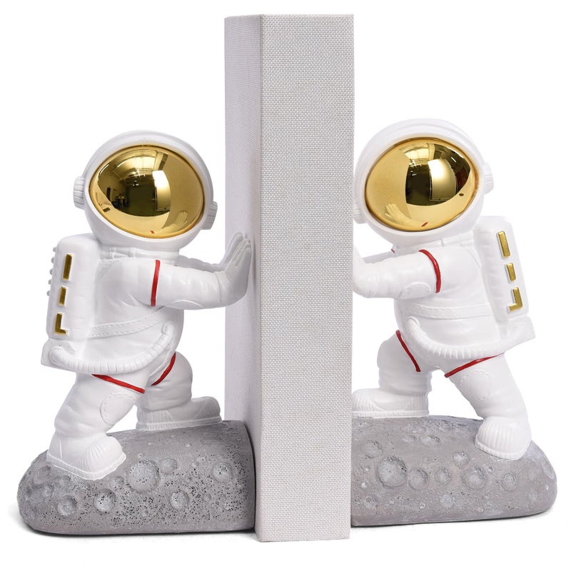 Kakizzy Space Decor Bookends Resin Astronaut Bookshelf Ends for Kids Rooms Gold Book Ends for Heavy Books Fun Heavy Duty Book End Holder Astronaut Figurine Statue for Office Home RoomDGold