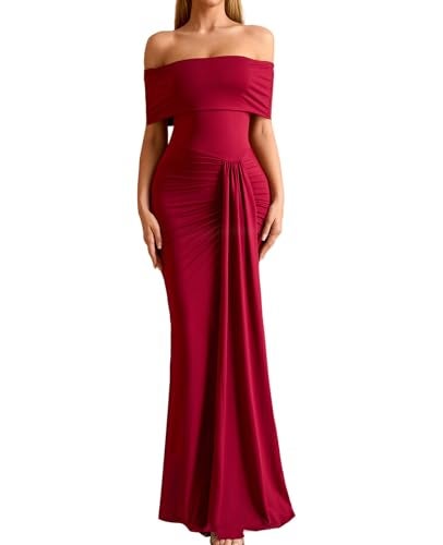 GLNEGE Off the Shoulder Formal Wedding Guest Maxi Dress for Women Fall Elegant Ruched Bodycon Cocktail Party Long Dresses Wine - Image 1