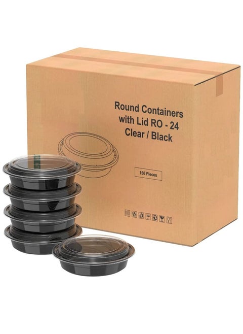 150PC 24oz 700ml Round Disposable Microwave Containers with Lids Black BPA Free for Take Out Food Bowls Salad Container