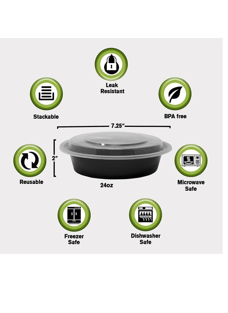 vsell24 - 150PC 24oz 700ml Round Disposable Microwave Containers with Lids Black BPA Free for Take Out Food Bowls Salad Container - Image 1