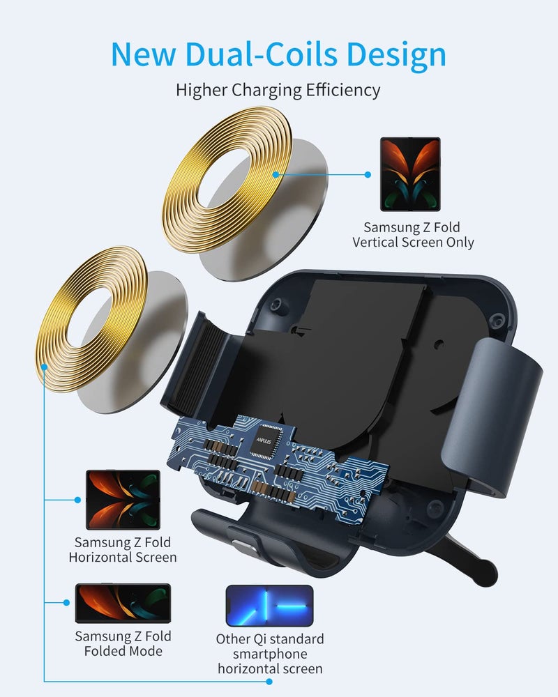 ANPULES Wireless Car Charger for Samsung Galaxy Z Fold 7/6/5/4/3, Dual Coilsï¼ŒFast Charging Phone Car Mount for Christmas, Auto-Clamping Air Vent Dashboard Car Phone Holder for Galaxy Z Fold/Note - Image 3