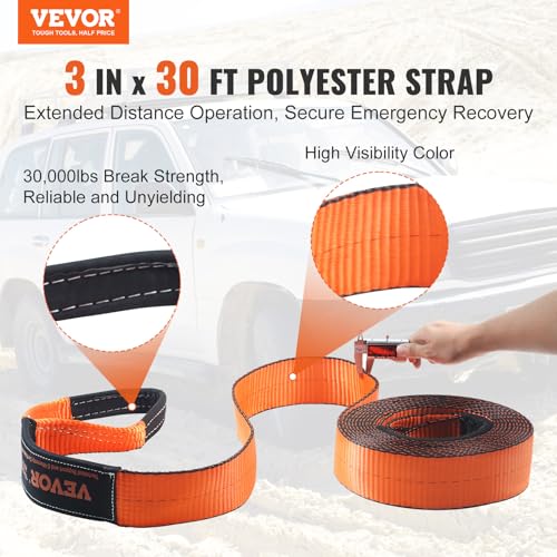 VEVOR OffRoad Recovery Kit 3 x 30 Tow Straps Heavy Duty with Hooks 30000 lbs Winch Strap Kit 44092 lbs DRing Shackles Shackle Receiver Snatch Block Pulley Gloves Storage Bag for ATV Jeep - Image 3