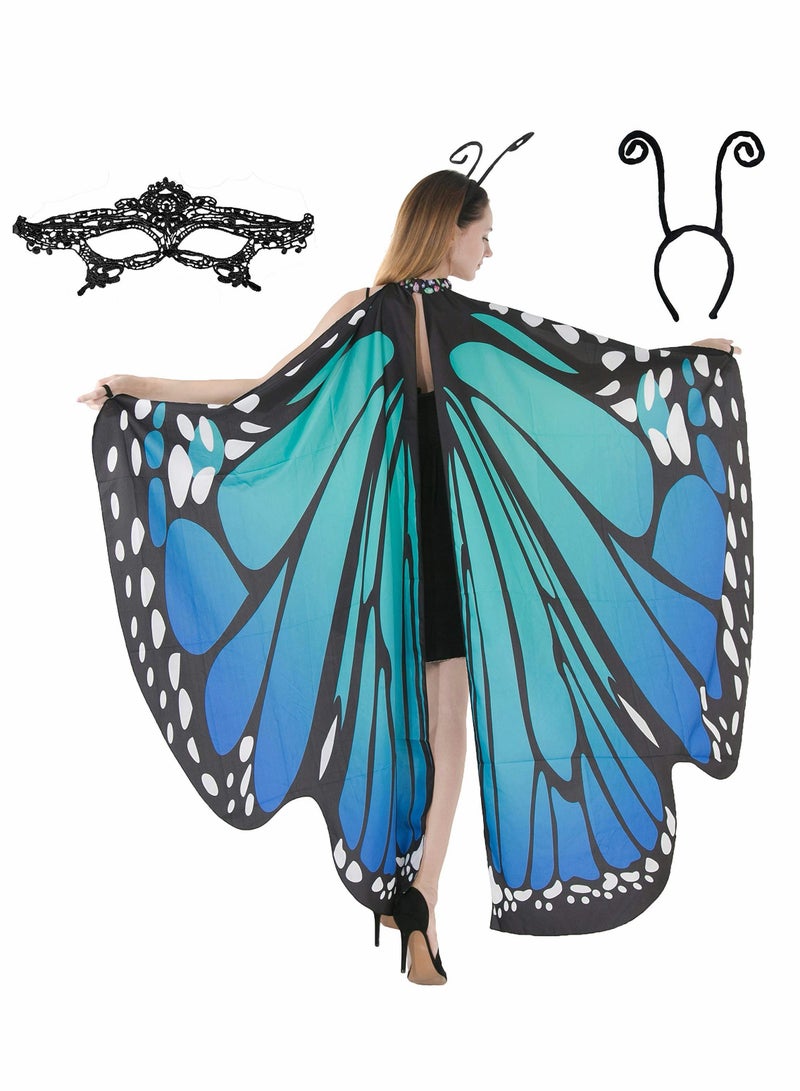 Excefore Butterfly Wing Cape Shawl with Lace Mask and Black Velvet Antenna Headband Adult Women Halloween Costume Accessory - Image 1
