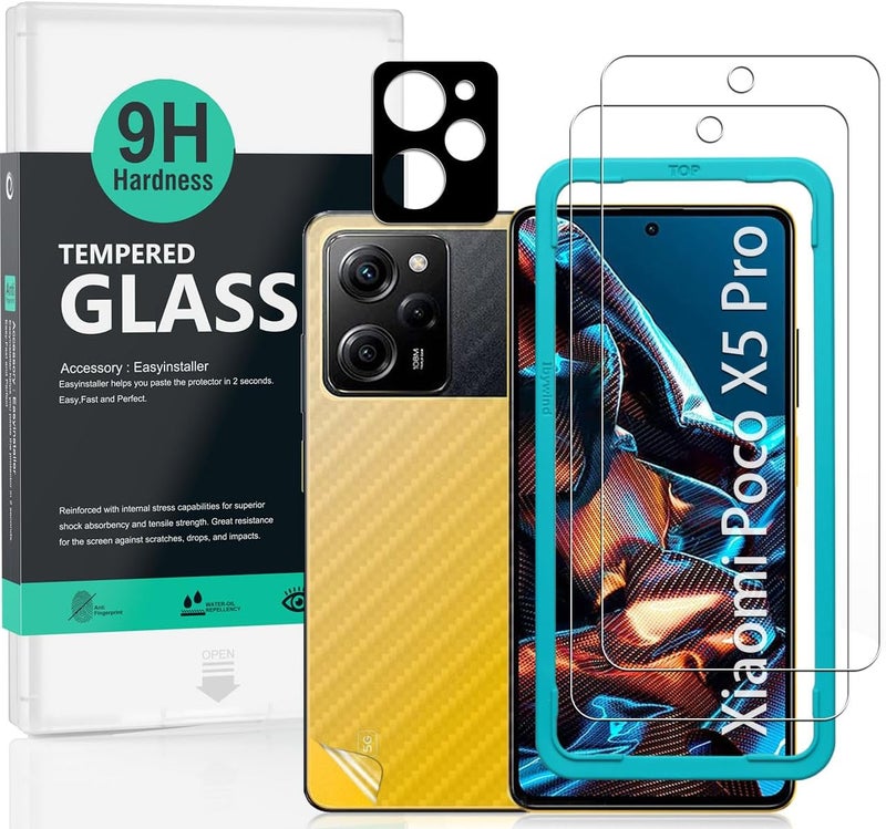 ايبيويند إيبياويند لشاومي بوكو X5 برو 5G واقي شاشة 6.67 بوصة، عبوة من قطعتين من الزجاج المقسى بصلابة 9H، مع قطعة واحدة من واقي عدسة الكاميرا، قطعة واحدة من فيلم ألياف الكربون للخلف، سهل التركيب - Image 1