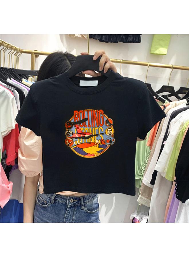 Women's Black Short-sleeved T-shirt Summer New Korean Style High Waist Cropped Top For Students