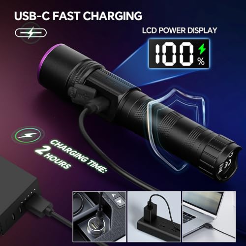 TrixHub 365nm Black Light Flashlight, UV Flashlight Rechargeable with LCD Display, Powerful Ultraviolet Lights for Pet Urine Detection, Resin Curing, Rockhounding, Scorpion, Uranium Glass, A/CLeak - Image 3