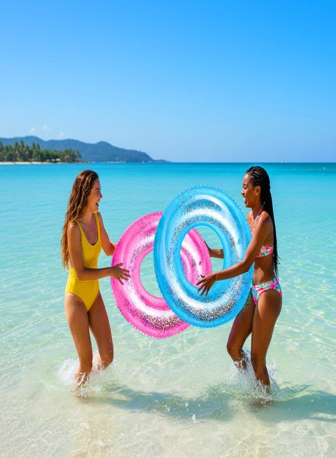 WSepascI Inflatable Pool Floats, 2 Pack Swim Tubes Rings, Resistant Sparkly Confetti Tube Water Toys for Kids Lake Games Hawaiian Beach Summer Swimming Pool Party Favors Decorations, Pink and Blue - Image 5