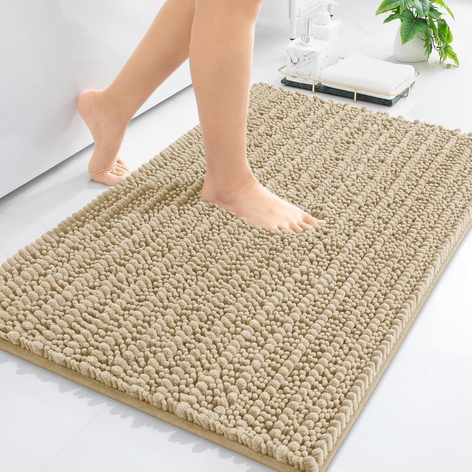 LUXURY CHENILLE BATHROOM RUG MAT EXTRA SOFT THICK ABSORBENT SHAGGY BATH RUGS NONSLIP MACHINE WASH DRY PLUSH BATH MATS FOR BATHROOM SHOWER AND TUB 36X24 BEIGE