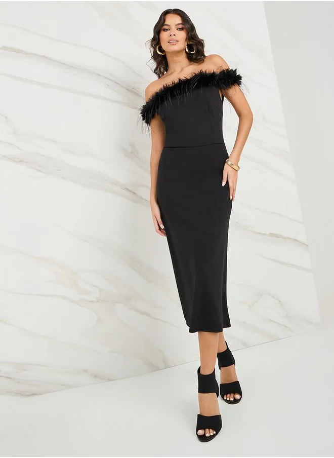 Styli Off Shoulder Faux Fur Trim Midi Dress