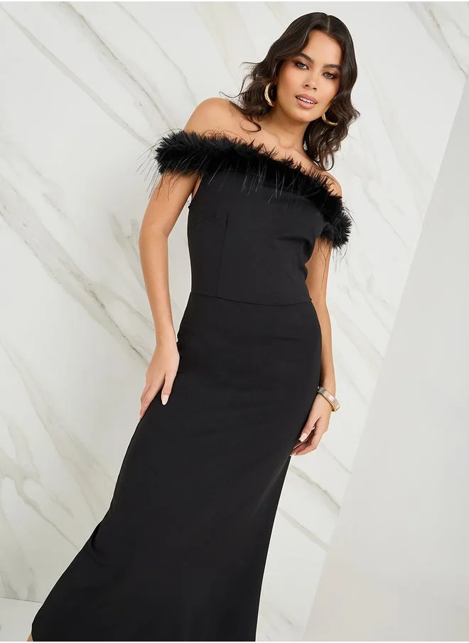 Styli Off Shoulder Faux Fur Trim Midi Dress