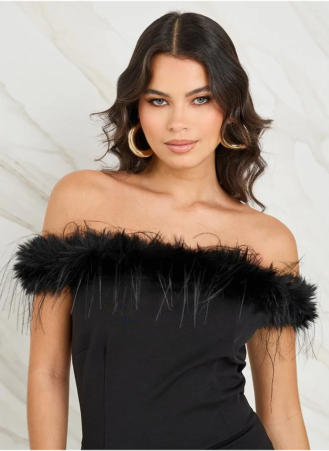 Styli Off Shoulder Faux Fur Trim Midi Dress